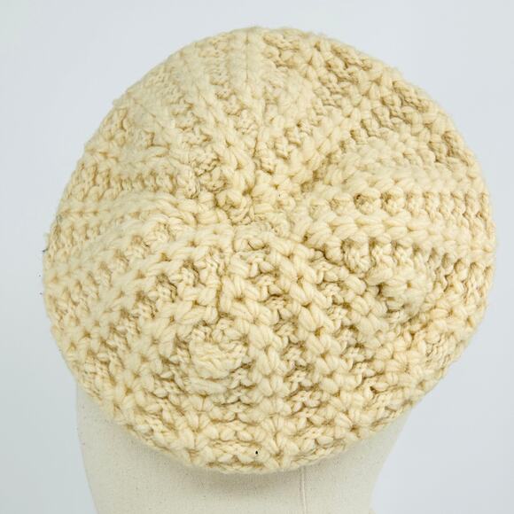 70s Chunky Knit Cream Beret Tam 100% PURE WOOL Hat - Picture 5 of 7